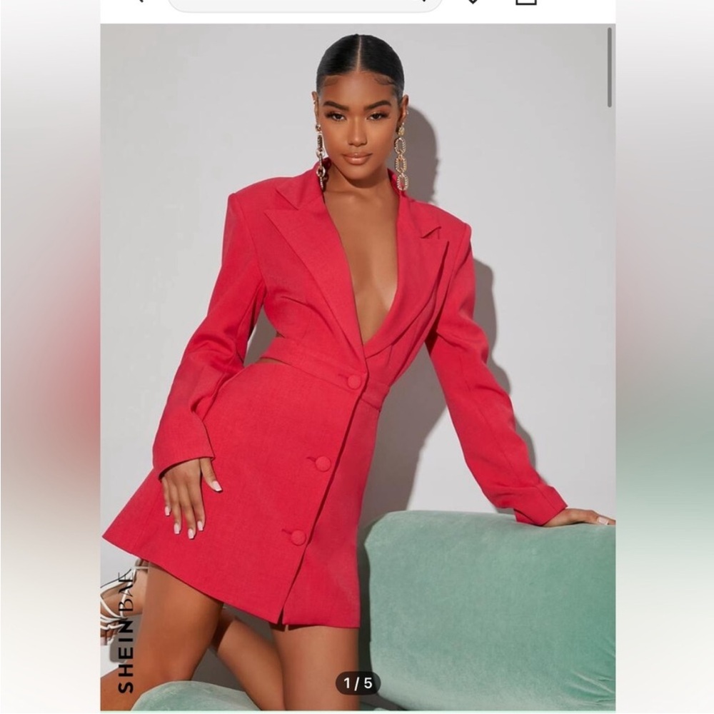 Red Blazer Dress - Bold Plunge Front